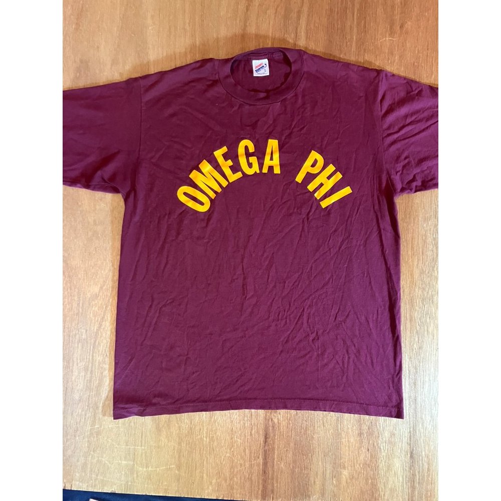 90s Vintage Jerzees Tee Shirt Omega Phi Fraternity Maroon Gold XL Made in USA